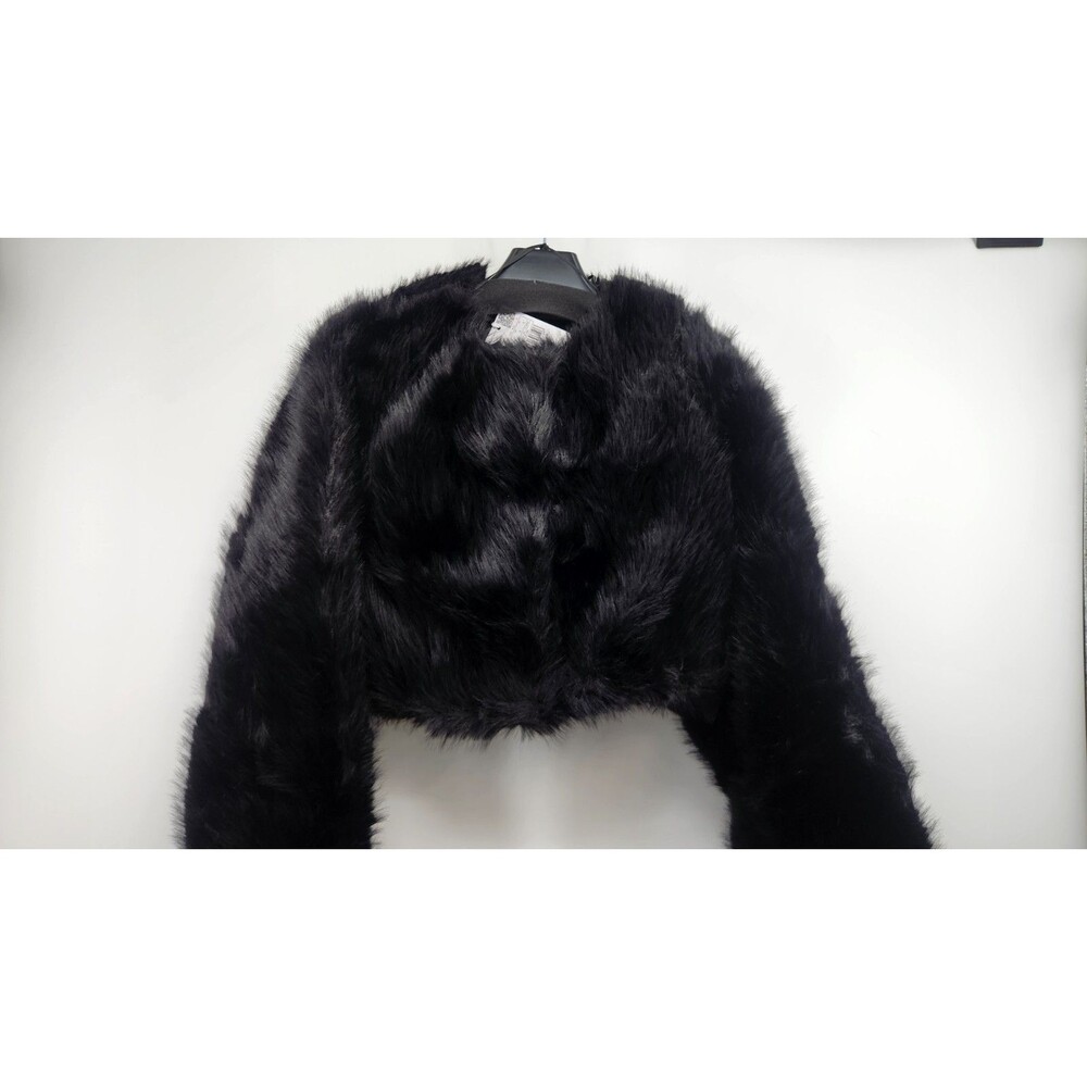 NWT MANGO MNG Women's Small Black Faux Fur Cropped Jacket